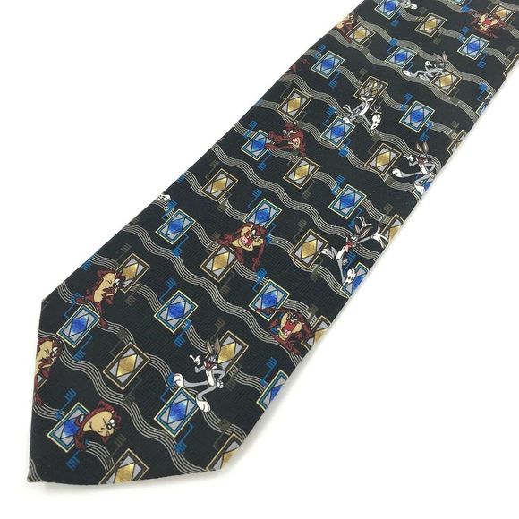 Vintage Looney Tunes Neck Tie Mens OS Black Blue Musical Bugs Bunny & Taz Print - Picture 1 of 6